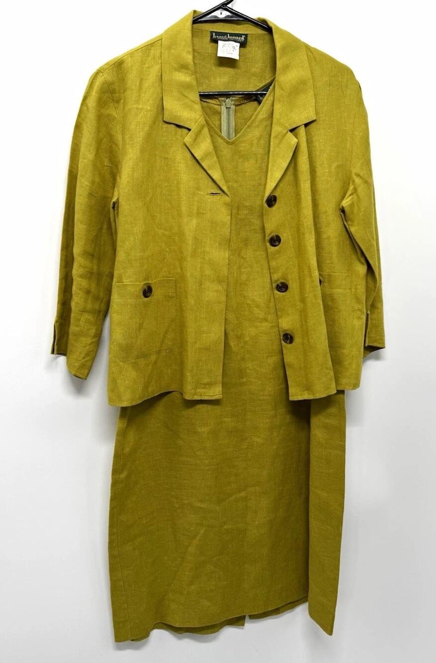 Harve Benard Womens 6 100% Linen Dress Jacket Set Chartreuse Green 2 Piece